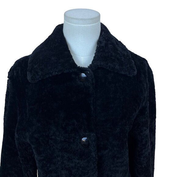 Black Faux Fur Women’s Long Coat Button Closure Soft Warm Outerwear - Picture 4 of 5